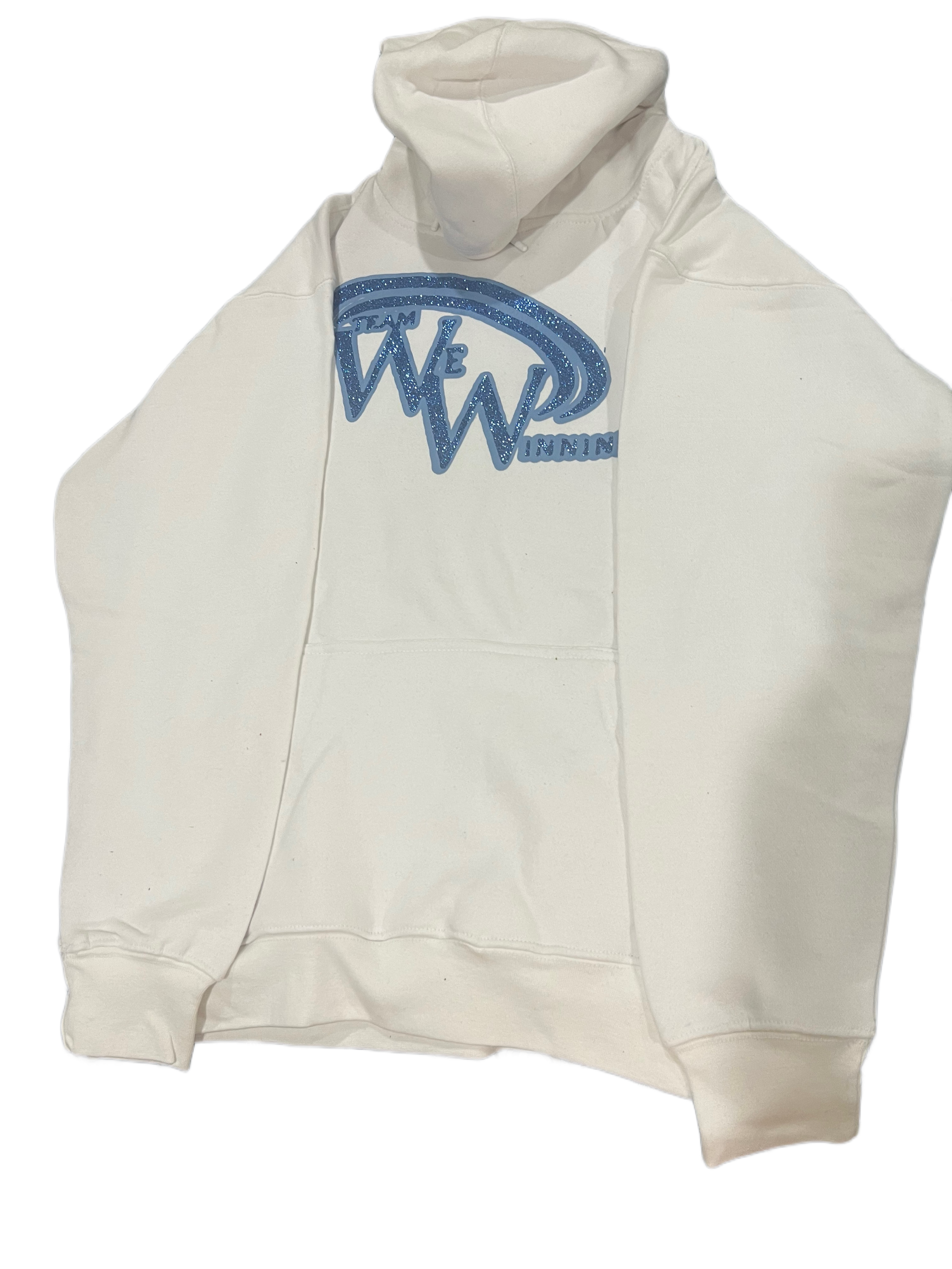 Beige hoodie with Team We Winning blue logo