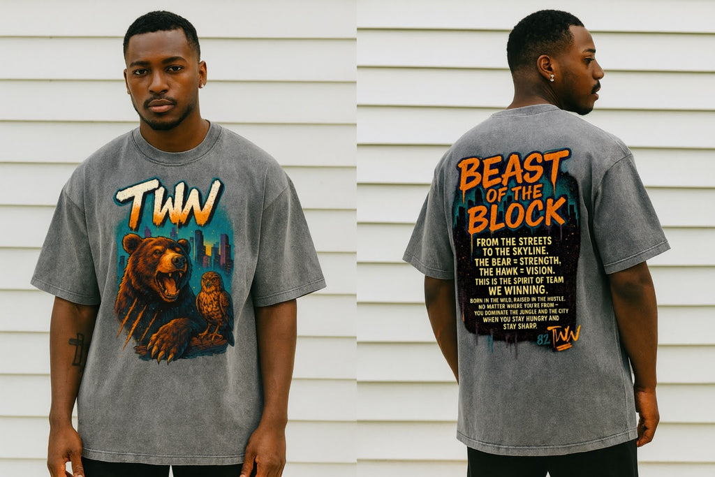 Close-up of Beast of the Block bear and hawk graphic on vintage washed gray TWN streetwear t-shirt.