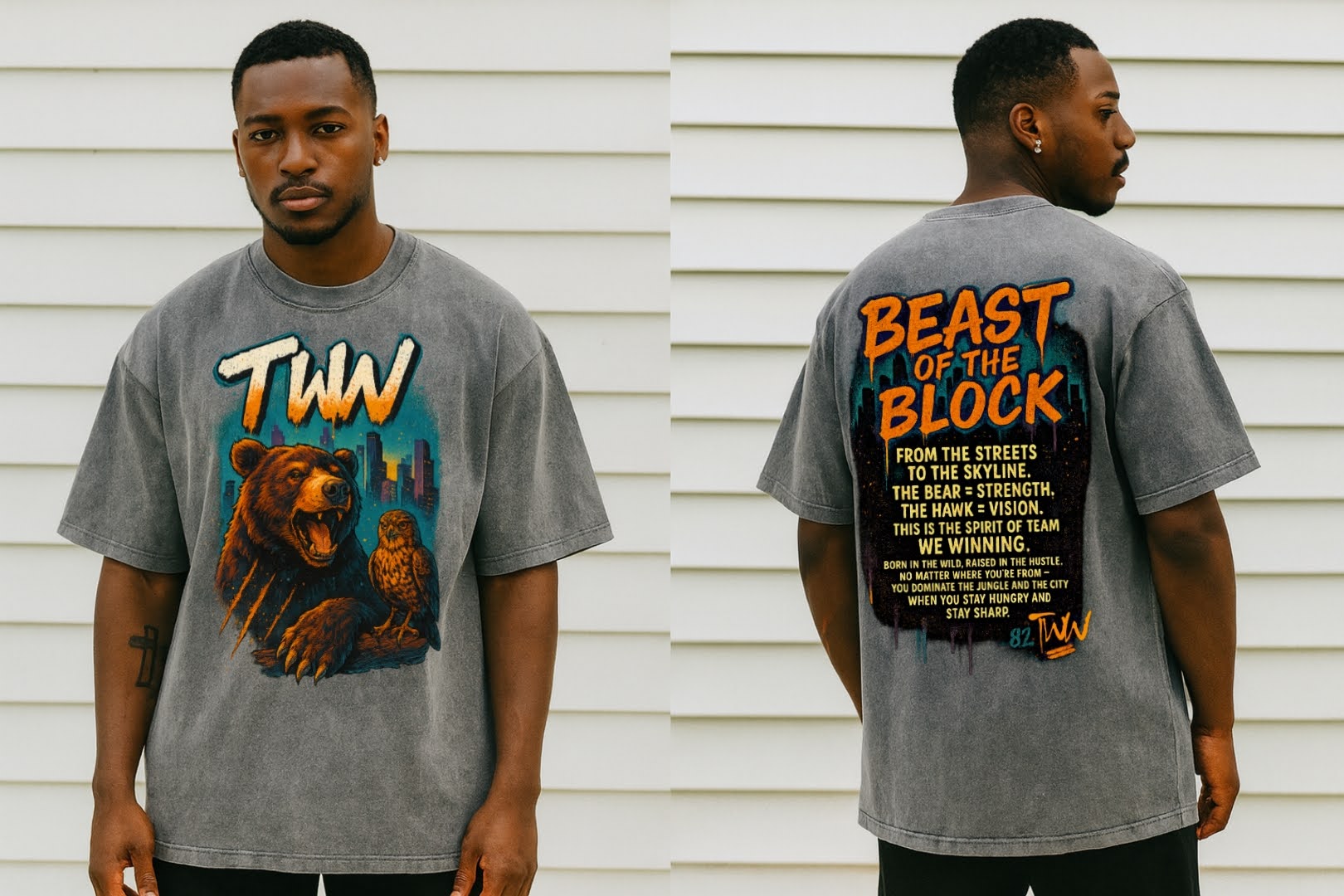 Close-up of Beast of the Block bear and hawk graphic on vintage washed gray TWN streetwear t-shirt.