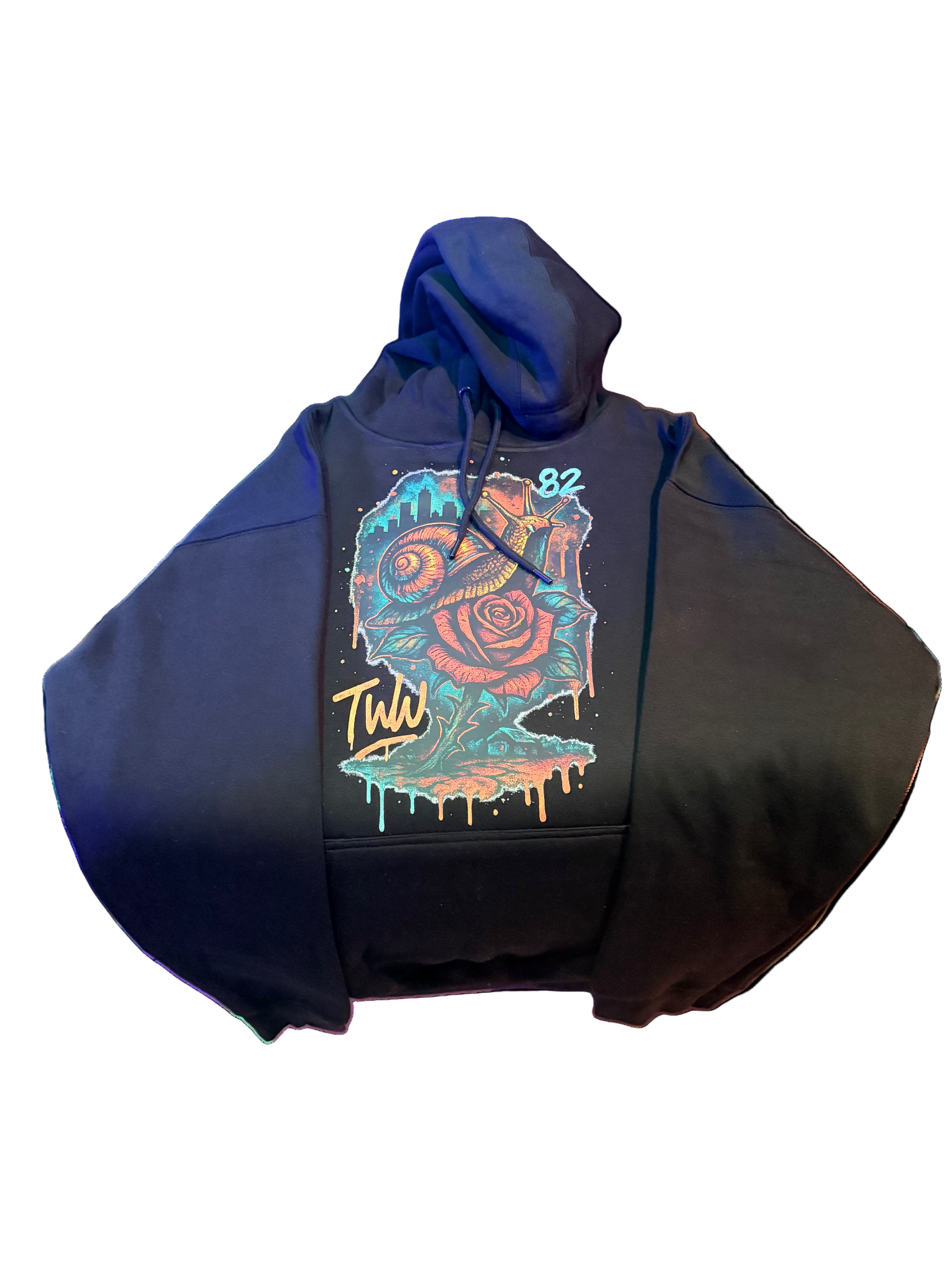 Hoodie with colorful graphic design on a white background