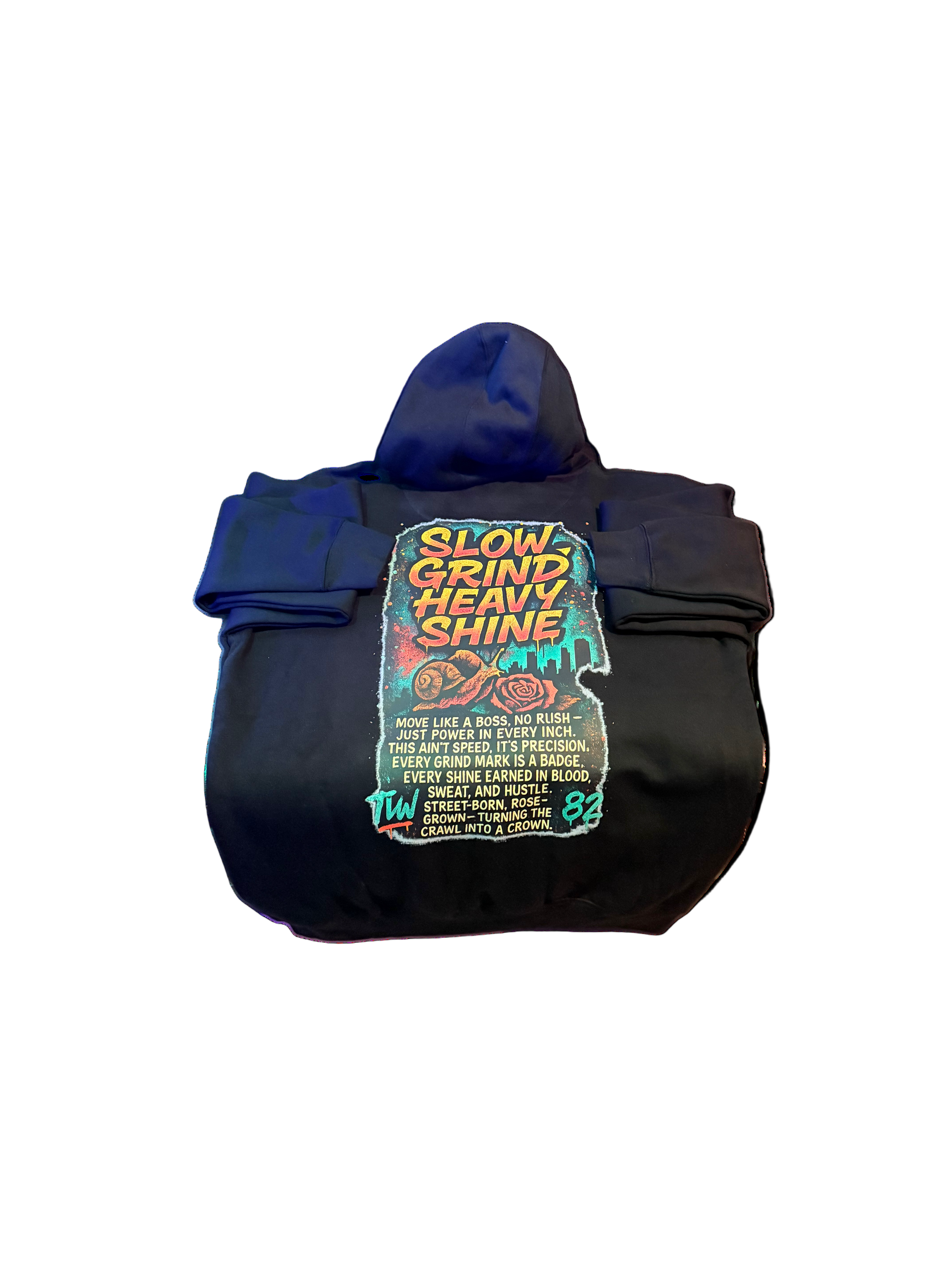 Black hoodie with colorful graphic and text on a white background