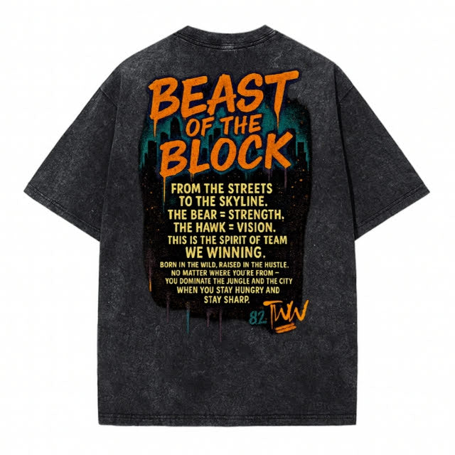 Black T-shirt with 'Beast of the Block' text design and supporting text on a white background
