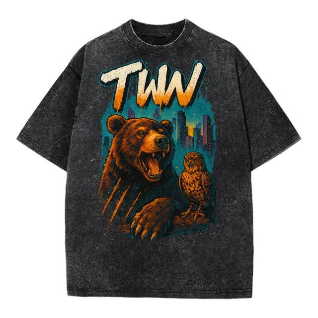 Black vintage-style T-shirt with bear and owl graphic and 'TWN' text on a white background