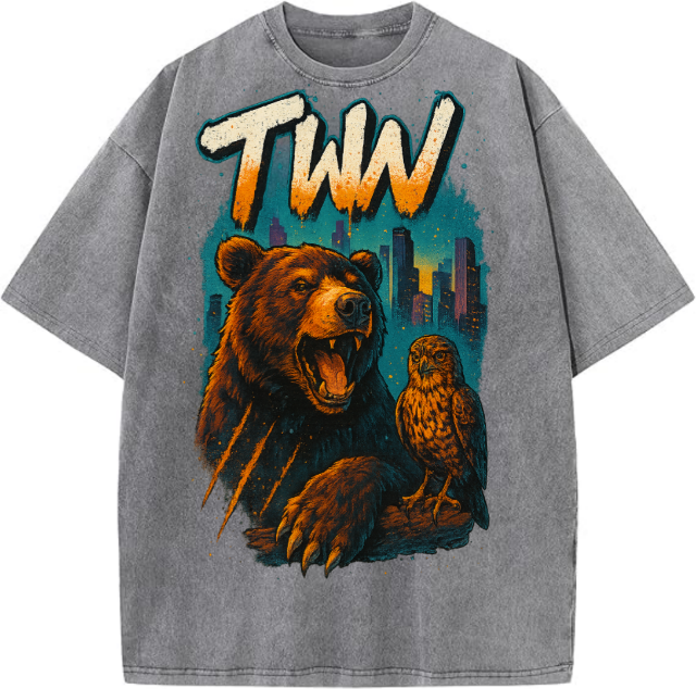 Gray T-shirt with a bear and owl graphic and 'TWN' text on a white background