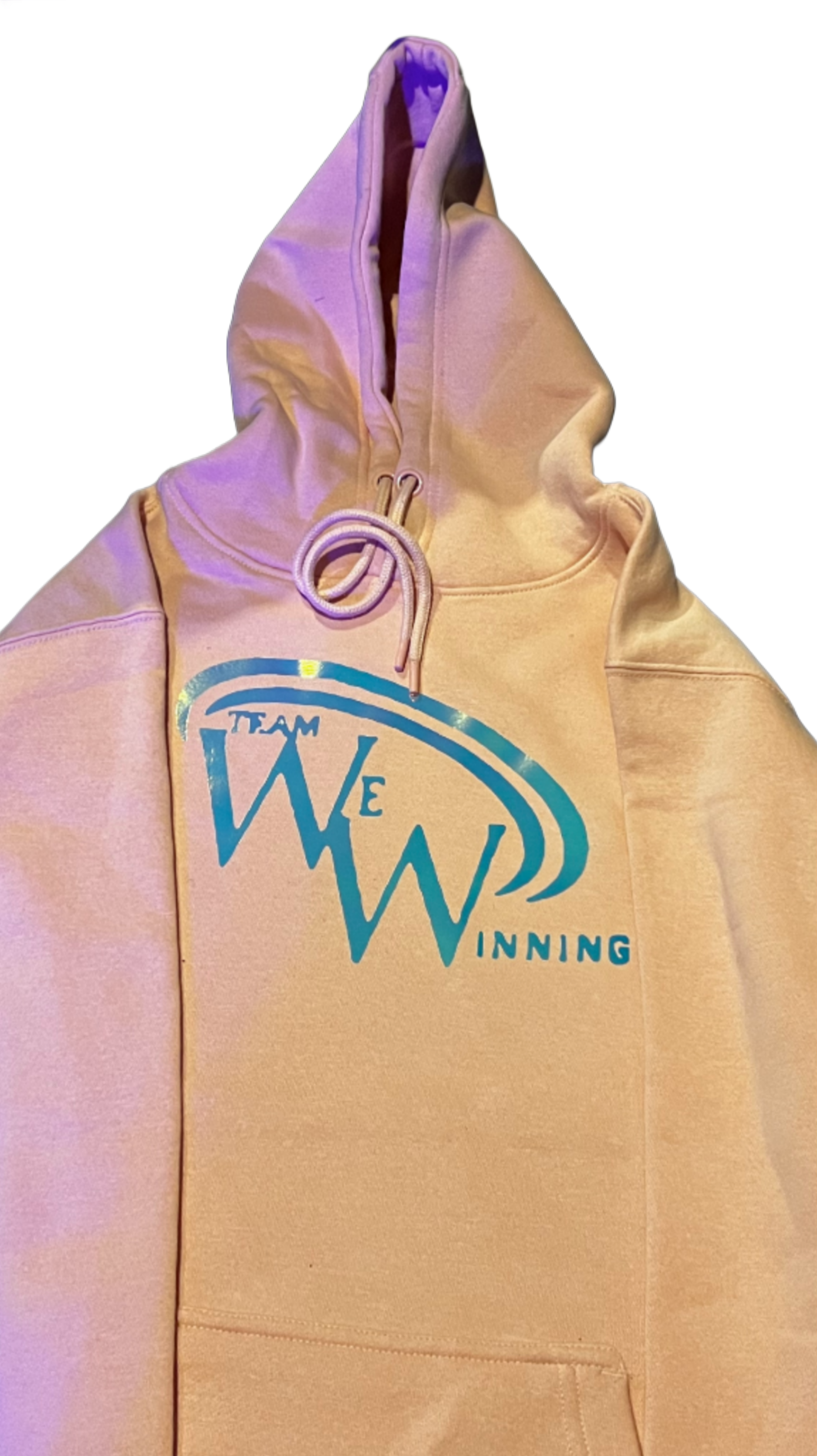 Beige Team We Winning hoodie with teal logo on a transparent background