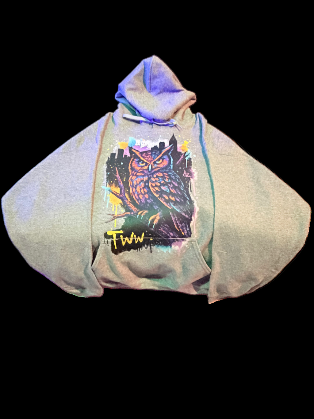 Hoodie with an owl graphic and 'Twi' text on a white background