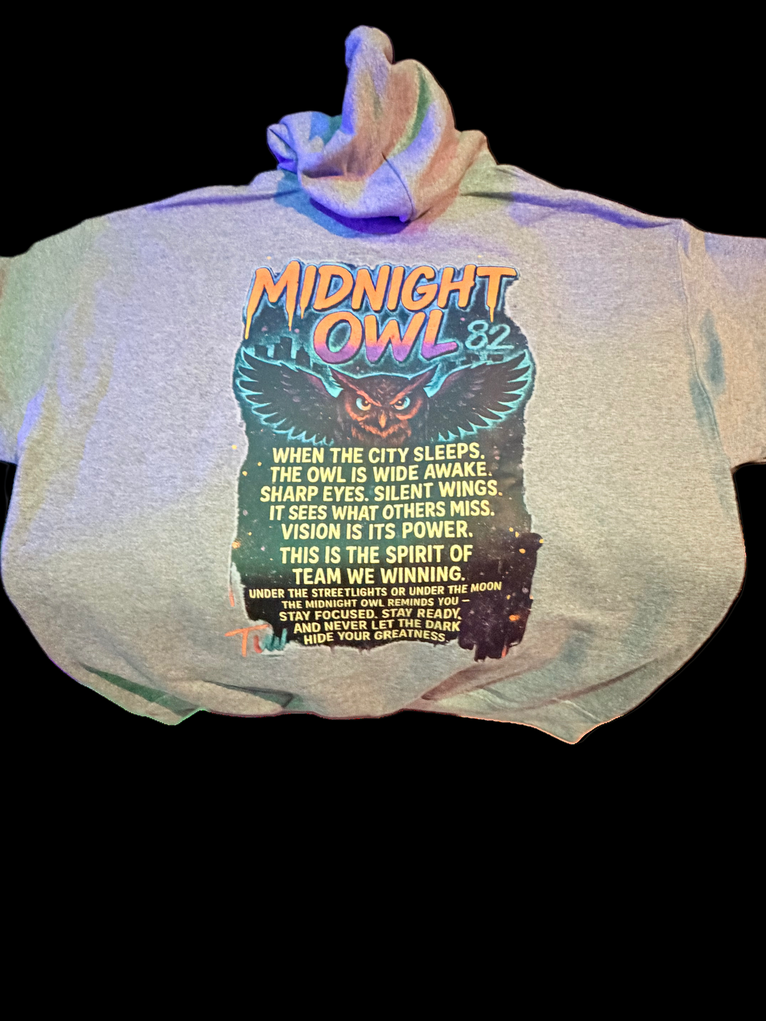T-shirt with 'Midnight Owl' graphic and text on a white background