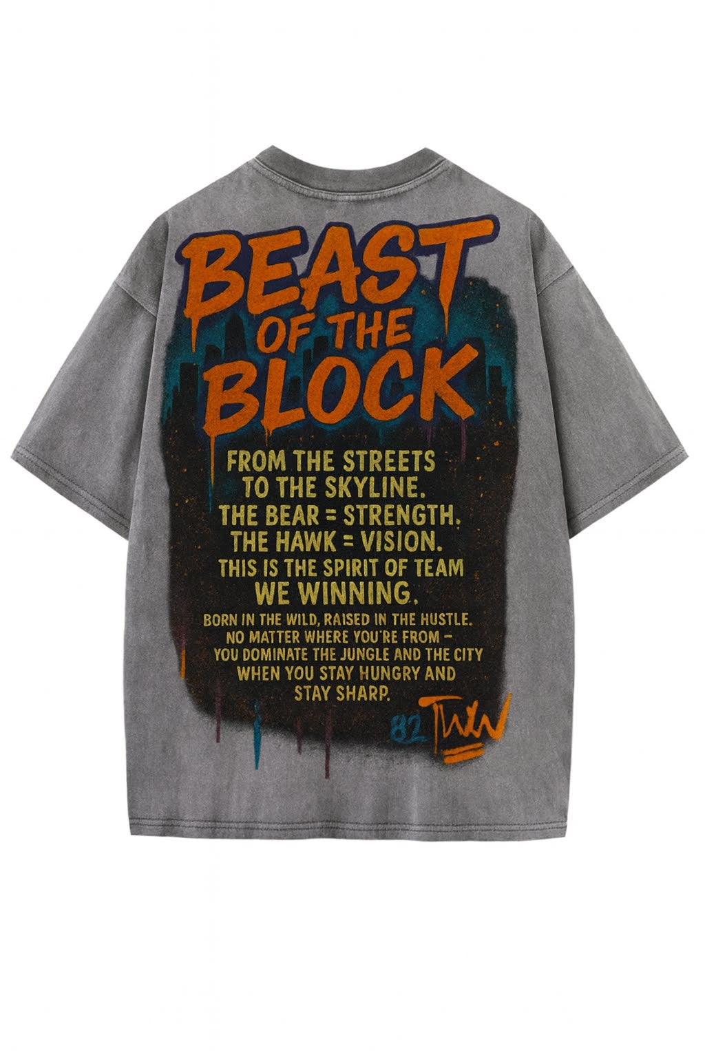 Gray T-shirt with 'Beast of the Block' graphic design and text on a white background