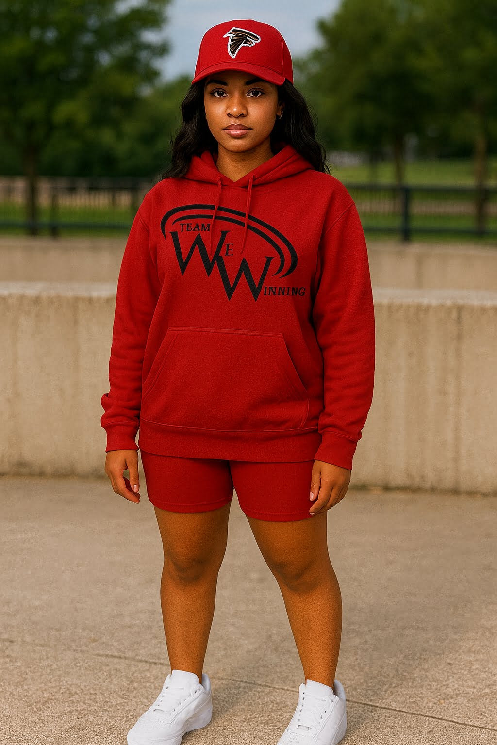 Person wearing red Team We Winning hoodie and matching shorts, standing outdoors