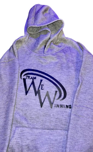 Gray and purple Team We Winning hoodie with navy logo on a white background