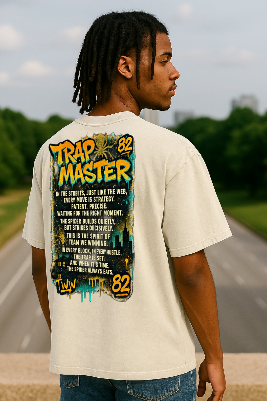Person from behind wearing a beige T-shirt with 'Trap Master' colorful graphic and text on the back, standing on a road with greenery in the background