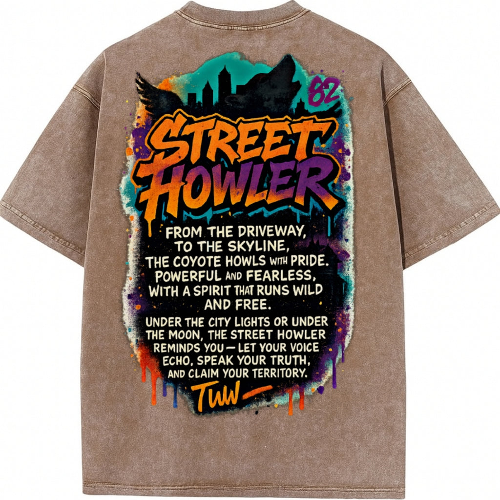 Brown T-shirt back with colorful 'Street Howler' graphic and text design on a white background