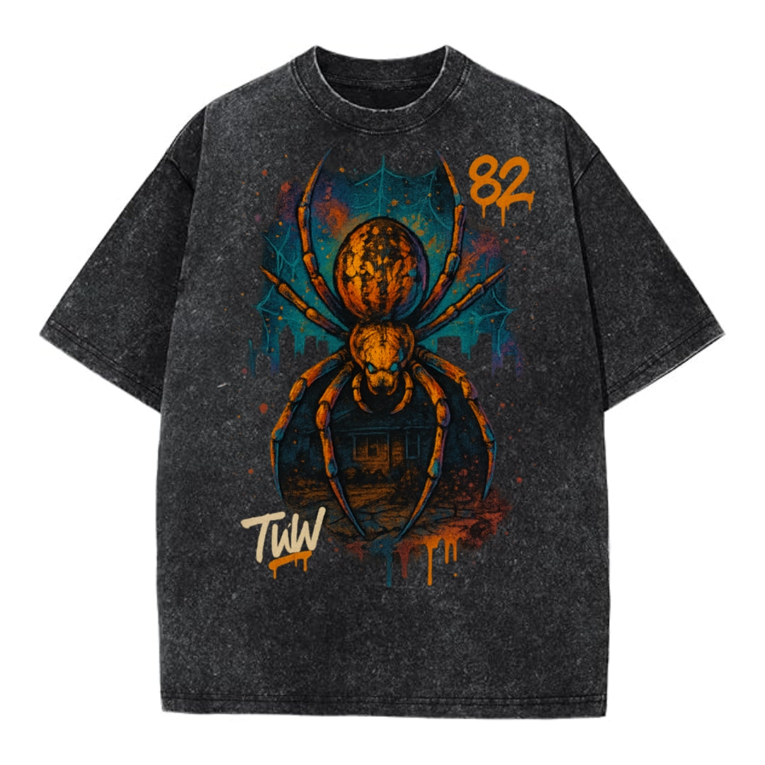 Black T-shirt with a spider graphic and '82' and 'TW' text on a white background