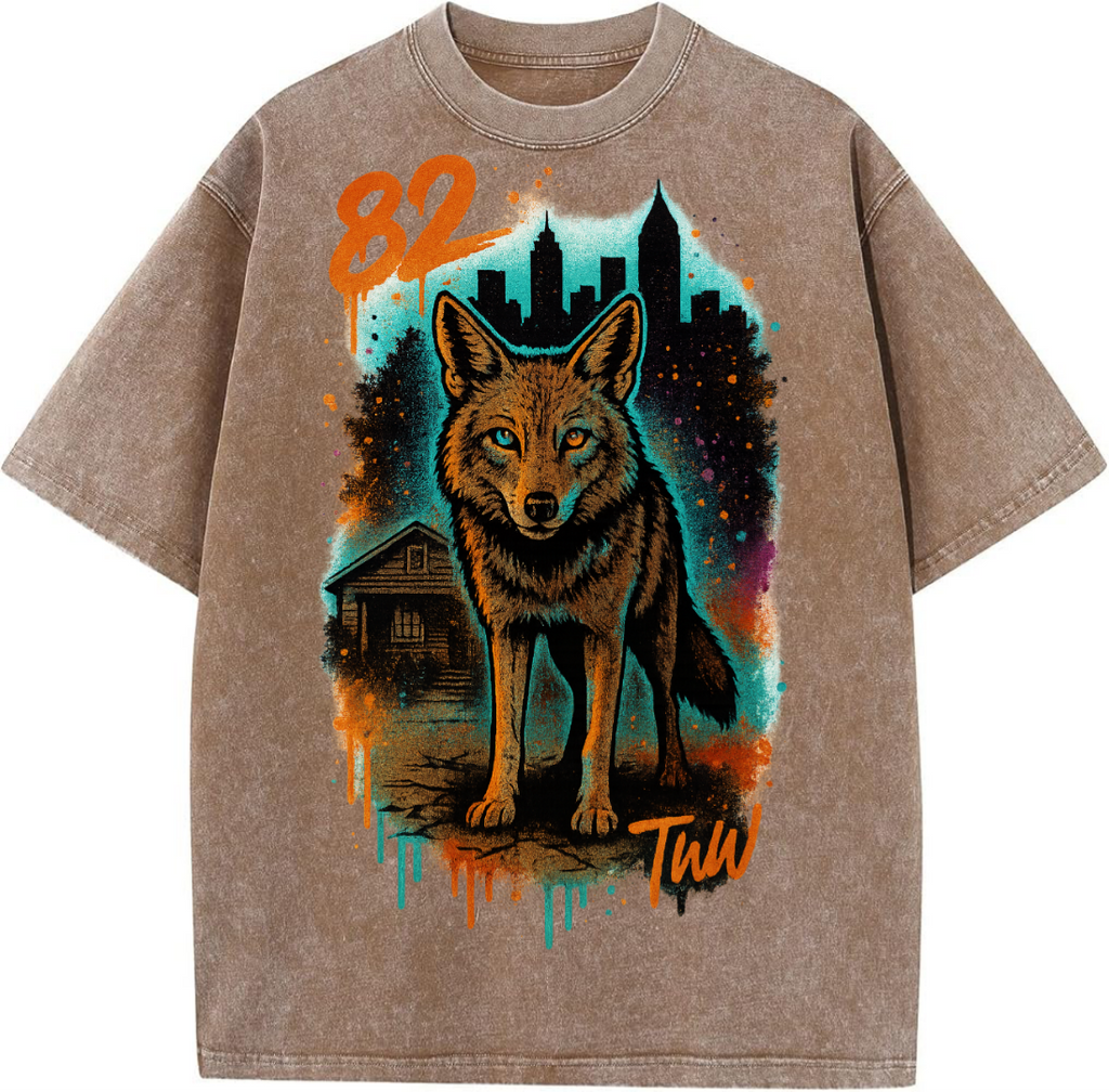 Brown T-shirt with wolf graphic, cityscape design, and '82' text on a white background