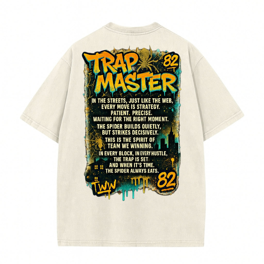 Beige T-shirt back with large yellow 'Trap Master' graphic and text design on white background