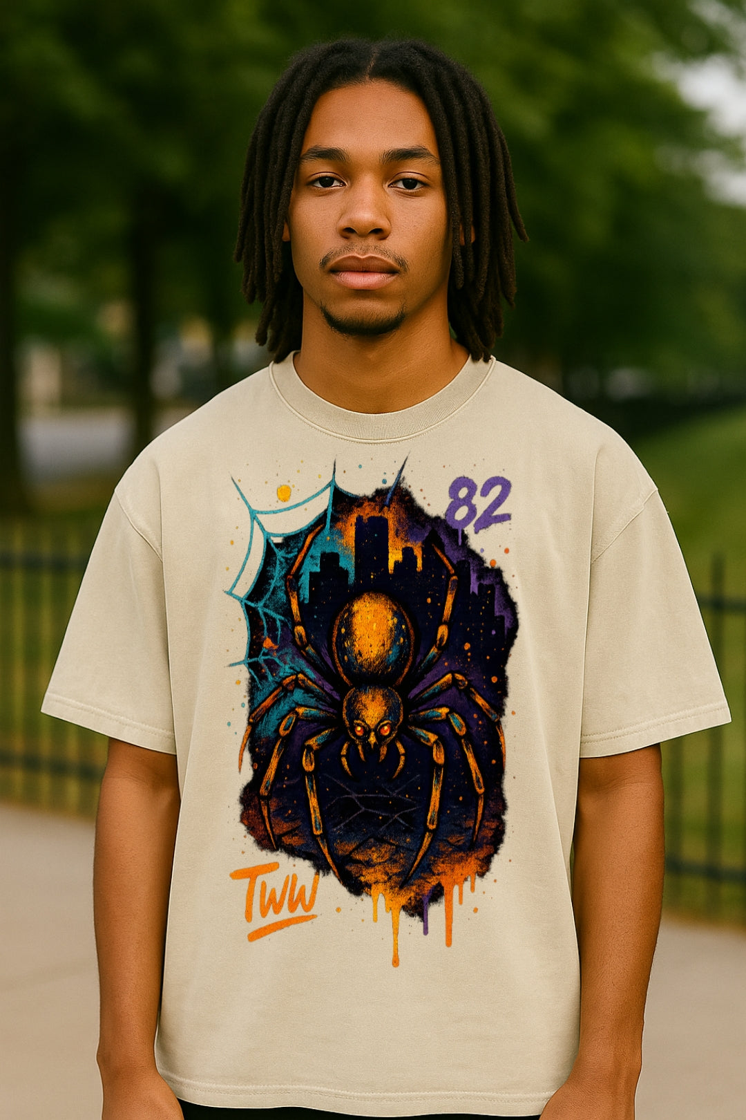 Person wearing a beige T-shirt with a large spider graphic and city design, featuring '82' text, standing outdoors