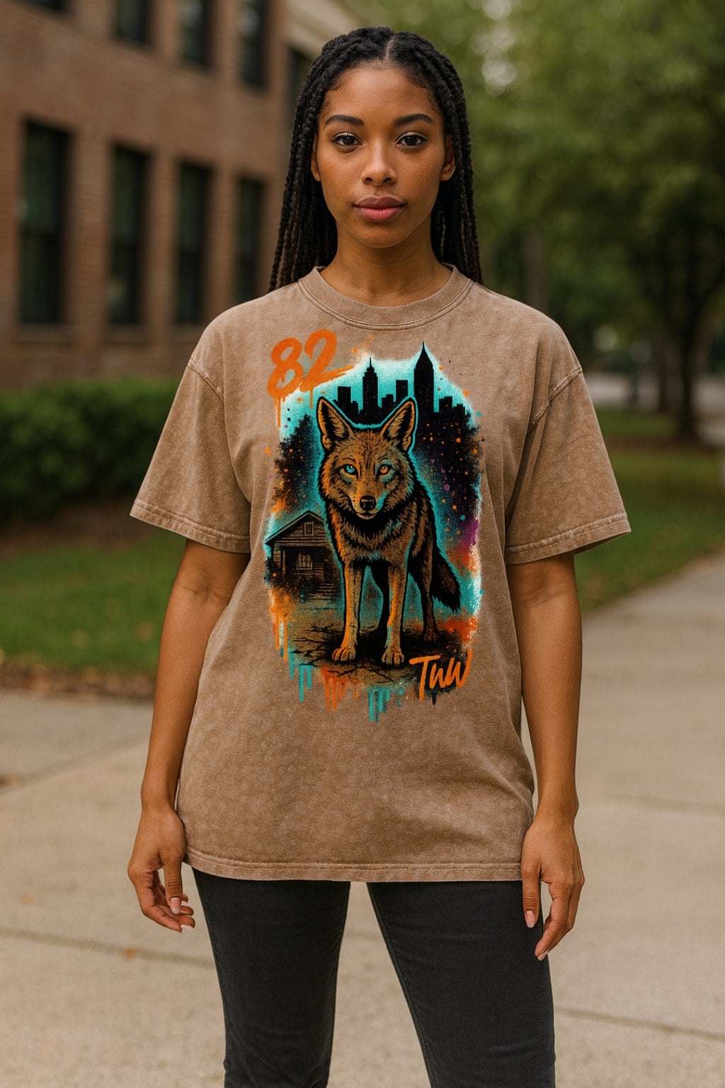 Person wearing brown Street Howler T-shirt with wolf graphic and cityscape design outdoors